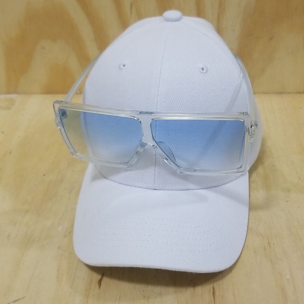 High Fashion Women's Sunglasses with clear frames/ blue tented lenses.